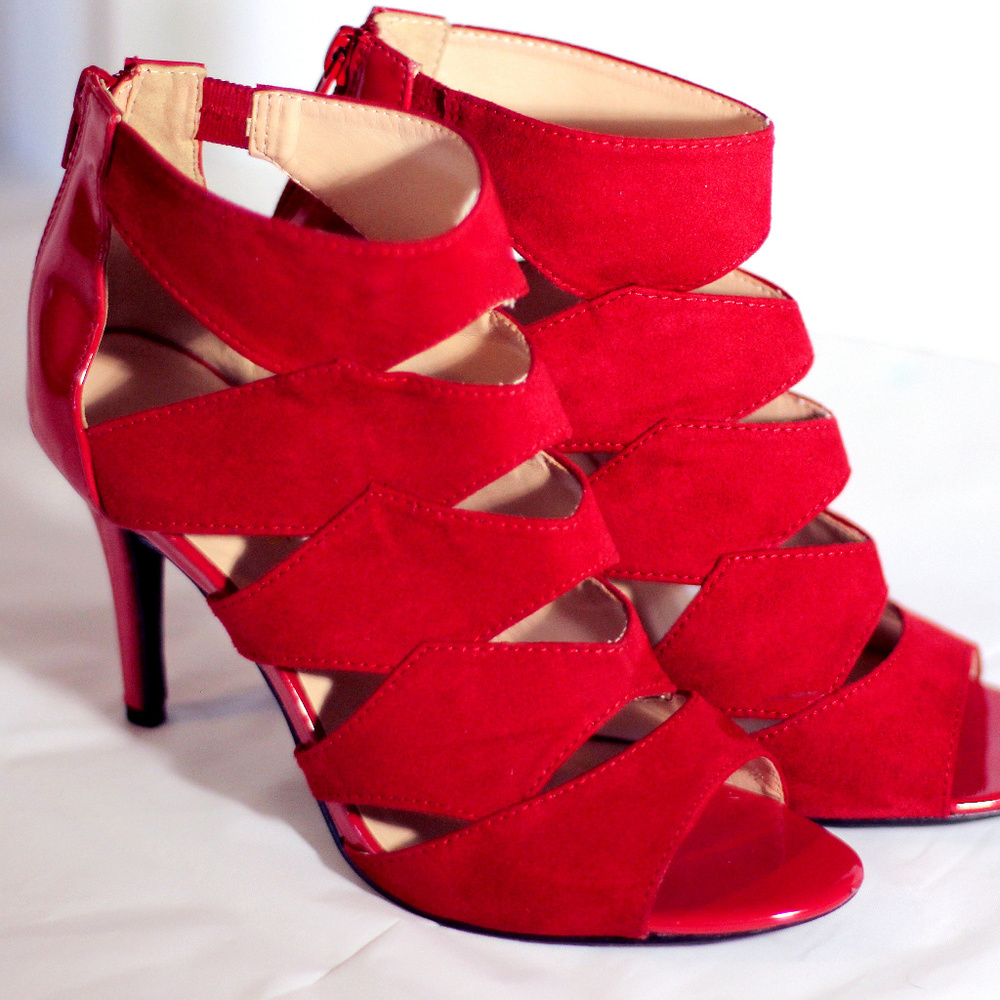 Nine West red open-toe caged heels, zipper back